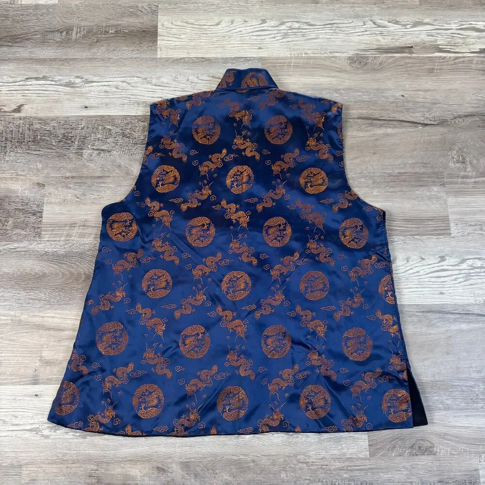 Vintage Chinese Dragon Satin Vest Navy Gold Frog Closure Y2K XL